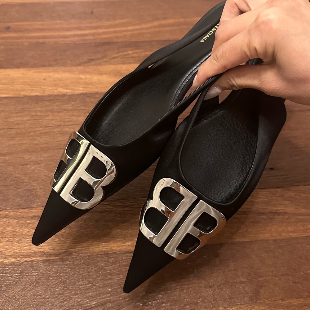 Balenciaga BB Logo Slingback Pointed Flats Black Leather Size 37 - Picture 6 of 10